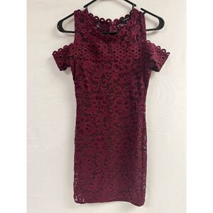 Ambiance Juniors Girls Lace Bodycon Dress Burgundy Cold Shoulder Size Small